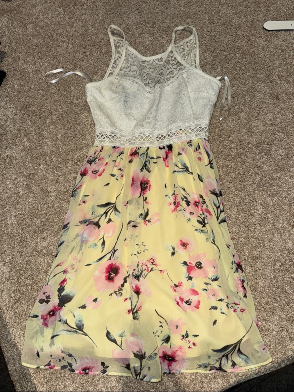 by & by Cream Lace Bodice Yellow Floral Mini Dress